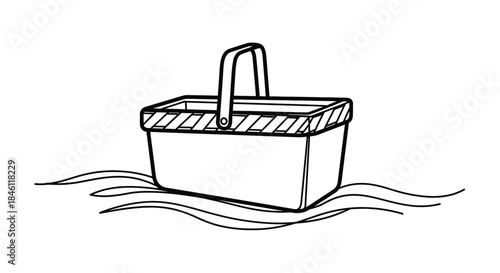 Simple black and white line drawing of an empty picnic basket sitting on wavy lines representing water or grass