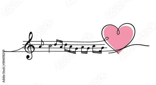 Continuous line drawing of musical notes and a pink heart symbolizing love for music and melody
