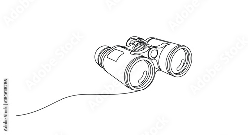 Minimalist single line drawing of binoculars on a white background with a flowing line representing exploration and discovery