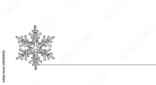 Minimalist single line drawing of a detailed snowflake on a clean white background with ample copy space