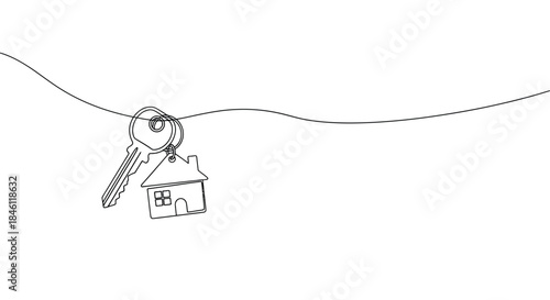 Minimalist single line drawing of a house key with a house shaped charm hanging from a simple wavy line