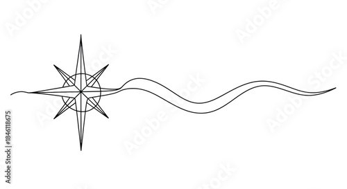 Elegant black line art compass rose with a flowing wavy banner symbolizing direction and movement