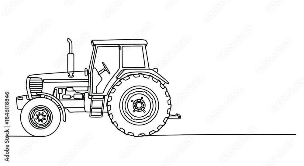 Obraz premium Simple black and white line art illustration of a farm tractor with large rear wheels and a cab on a white background