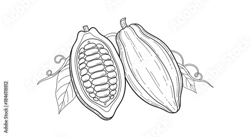 Detailed line art illustration of a whole and halved cocoa pod revealing its seeds and pulp surrounded by leaves and vines