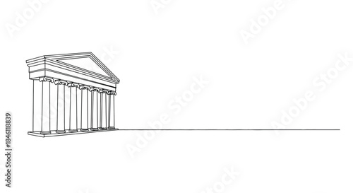 Minimalist line art illustration of a classical greek or roman building facade with columns and a pediment on a white background