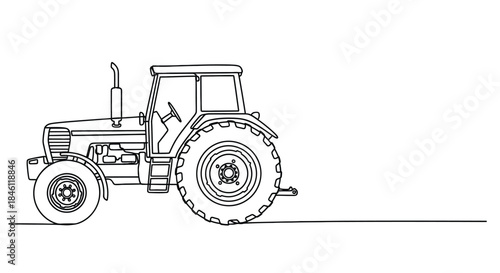 Simple black and white line art illustration of a farm tractor with large rear wheels and a cab on a white background