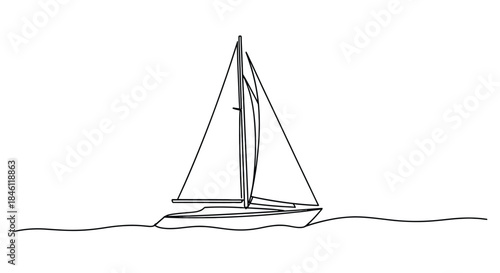Minimalist single line drawing of a sailboat with full sails gliding across wavy water on a white background