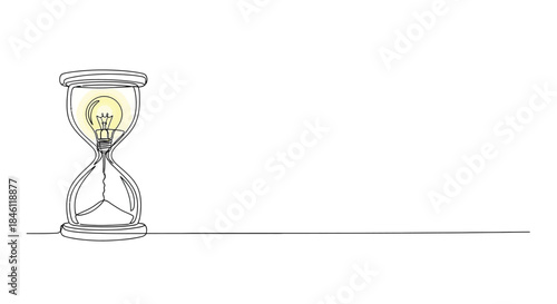 Hourglass with glowing light bulb inside symbolizing a bright idea and the passage of time in a continuous line drawing