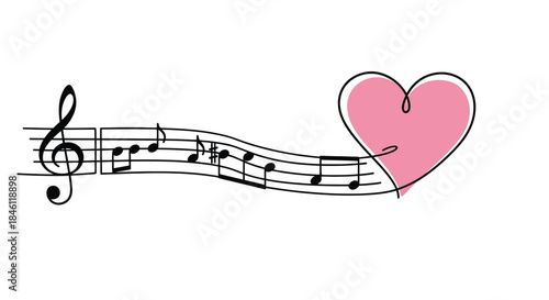 Elegant single line drawing of music notes flowing into a sweet pink heart shape on a white background