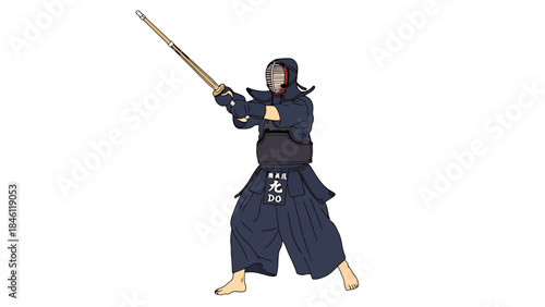Martial Artist Performing Kendo with a Wooden Shinai in Traditional Uniform