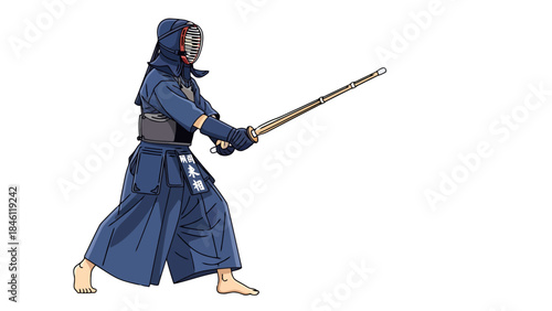 Martial Arts Practitioner Practicing Kendo with a Wooden Sword in Traditional Attire