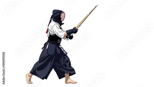 Young Child Practicing Traditional Japanese Sword Technique in Cultural Dress