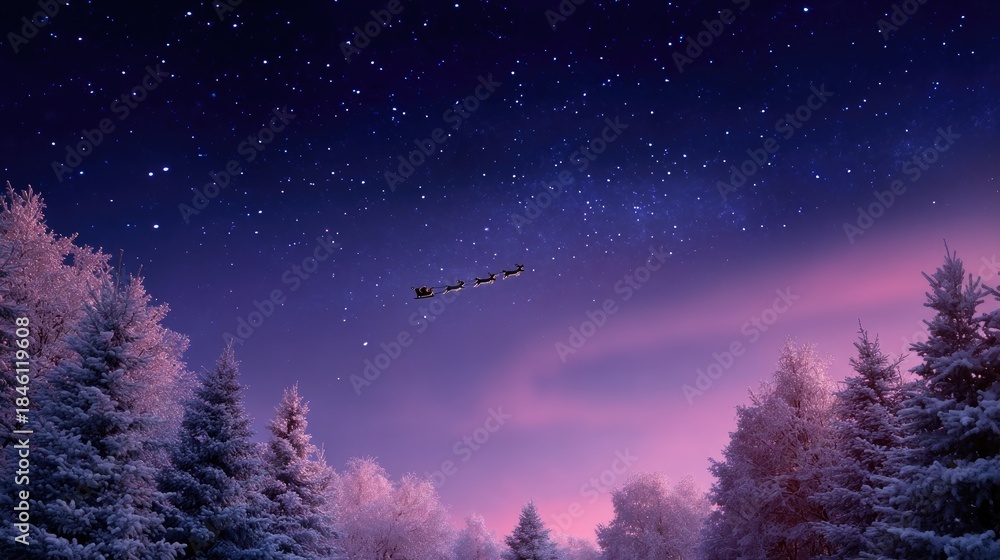 Fototapeta premium Magical Winter Night Sky with Santa Flying in a Sleigh Over Snowy Trees Under Sparkling Stars and a Colorful Aurora in the Background