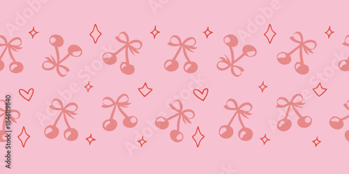 Seamless pattern of pink cherries bows hearts and sparkling diamond shapes