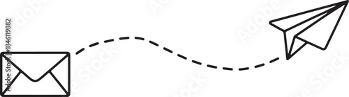 Envelope and paper airplane flying through air with dotted line on for communication concept
