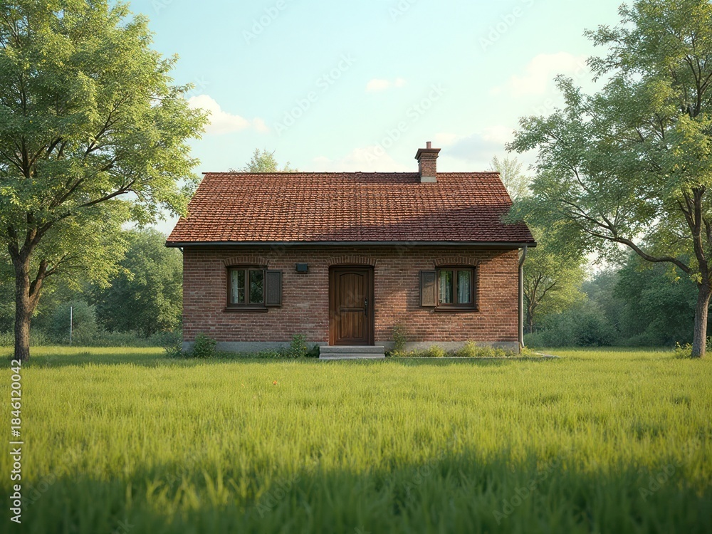 Obraz premium Charming Rural Brick House Surrounded by Green Landscape