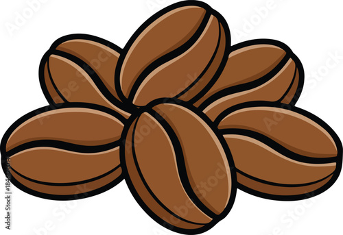 A cartoon illustration of six brown coffee beans isolated on