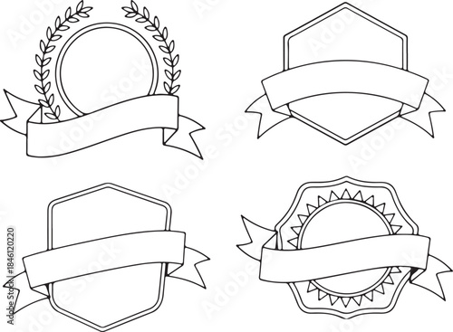 Four black and white line art award ribbon banners with different shapes and designs for recognition and decoration purposes