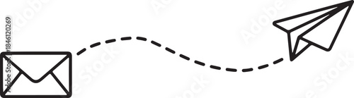 A black and white illustration of an envelope with a paper airplane flying away from it on a dotted line isolated on