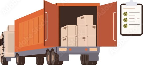 An illustration of a semitruck with its back doors open and boxes inside next to a clipboard with a checklist on a