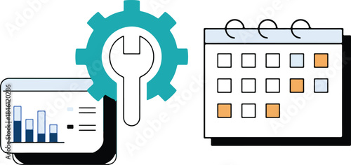 An illustration of a laptop with a bar graph on the screen next to a gear with a wrench inside and a calendar on a