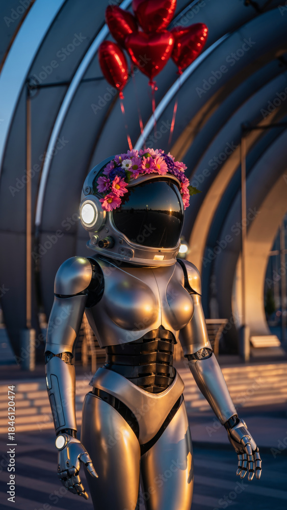 Fototapeta premium humanoid robot with floral crown and heart-shaped balloons outdoors at sunset.