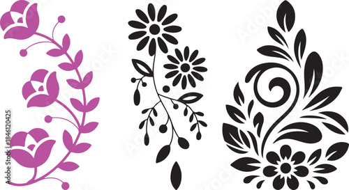 Variety of floral arrangements includes both vibrant pink and elegant black decorative silhouettes on white