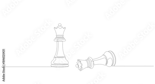 One standing chess queen and one fallen chess queen depicted in a minimalist single line drawing style on a white background