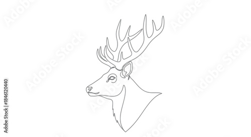 Elegant single line drawing of a majestic stag s head profile facing left with impressive antlers on a clean white background
