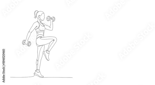 One line drawing of a fit woman performing dumbbell lunges with one leg raised in a dynamic fitness pose
