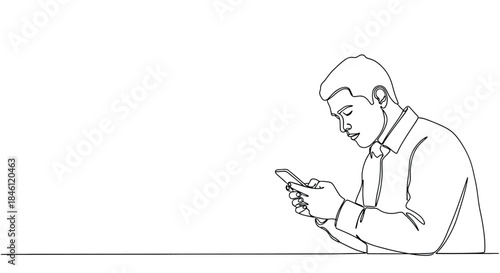 Minimalist single line drawing of a young man in a collared shirt intently focused on his smartphone screen
