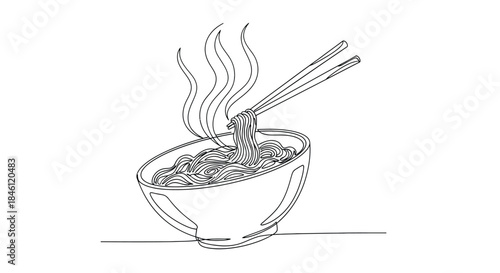 Steaming hot bowl of noodles being lifted with chopsticks in a minimalist single line drawing style