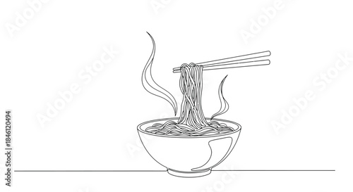 Minimalist continuous line drawing of steaming hot noodles being lifted from a bowl with chopsticks representing asian cuisine and comfort food