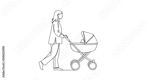 Minimalist single line drawing of a woman walking and pushing a vintage baby carriage with a sleeping infant inside