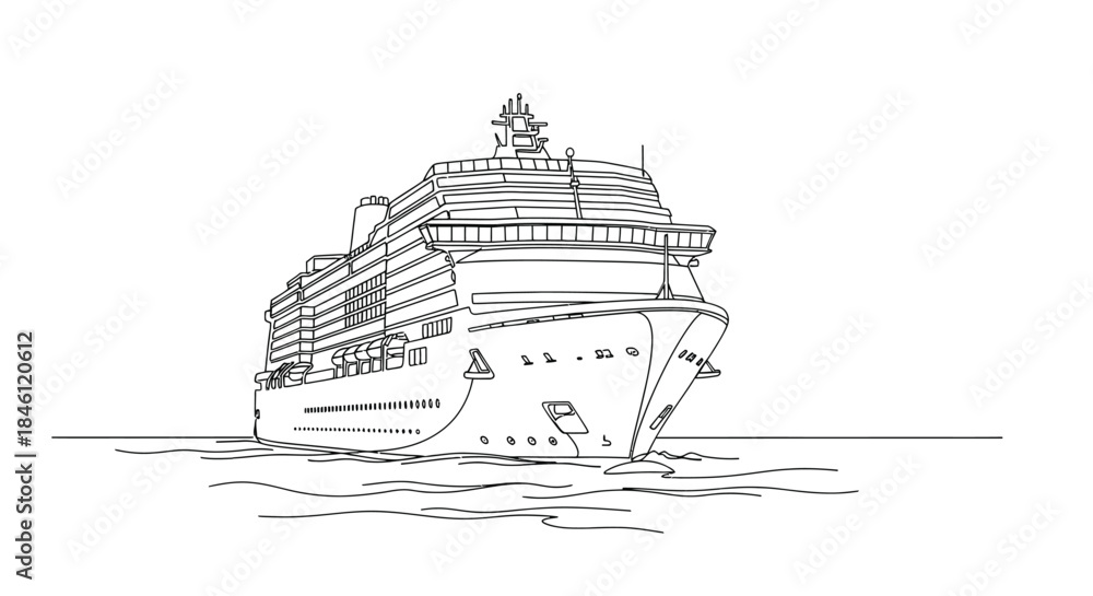 Obraz premium Illustration of front view of a cruise ship isolated on white background, a handdrawn sketch of a large passenger vessel on the water surface