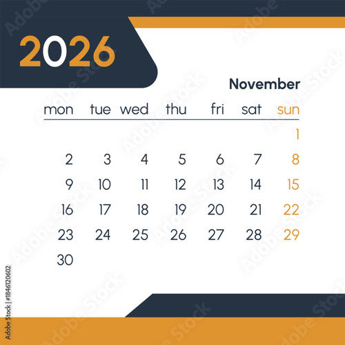November 2026 calendar with orange highlights on weekends