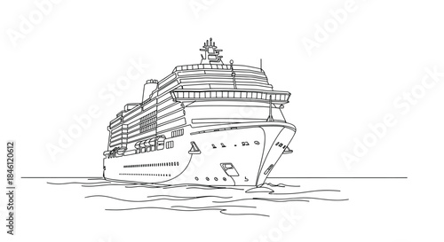 Illustration of front view of a cruise ship isolated on white background, a handdrawn sketch of a large passenger vessel on the water surface