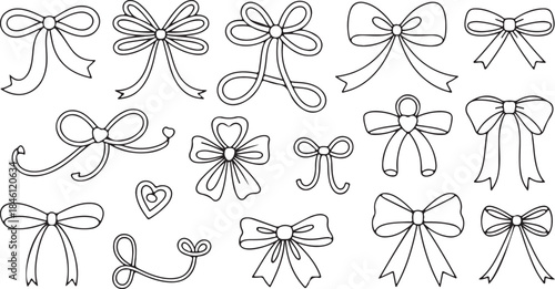 A charming collection of various hand drawn outline bows in different styles suitable for gift wrapping or celebration decorations