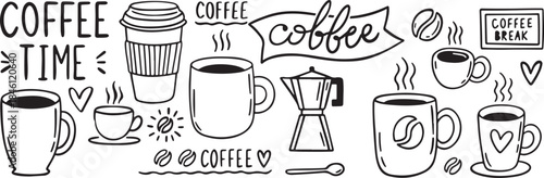A set of coffee related illustrations and text on a