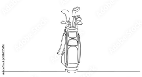 Minimalist continuous line drawing of a golf bag filled with clubs on a white background