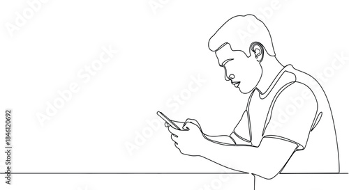Minimalist continuous line drawing of a young man focused on his smartphone screen while sitting at a table