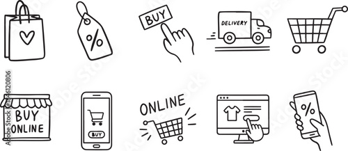 Online shopping icons with hand holding phone and cart on for ecommerce
