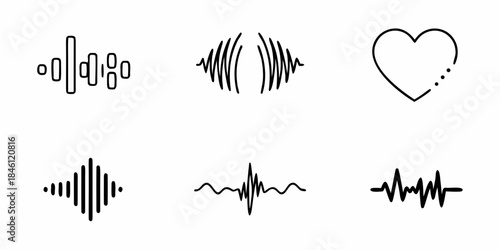 Simple black and white illustrations of sound waves and a heart shape