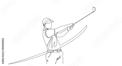 Minimalist single line drawing of a golfer in mid swing with a golf club on a white background
