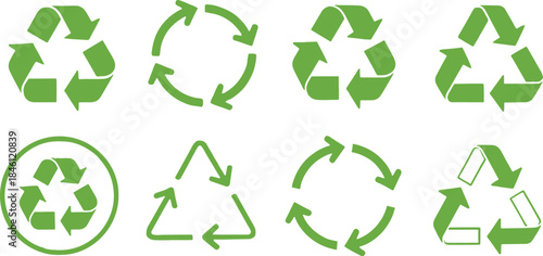 Collection of green recycling symbols on for eco friendly and environmental concepts