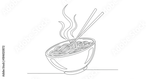 Minimalist single line drawing of a steaming bowl of noodles being lifted with chopsticks on a white background