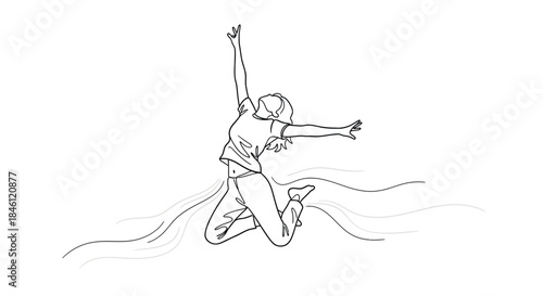 Joyful woman in mid air with arms outstretched and one leg bent in a dynamic line art illustration of freedom and celebration