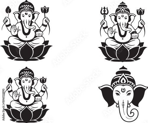 A collection of four black and white illustrations featuring the Hindu deity Ganesha in various poses
