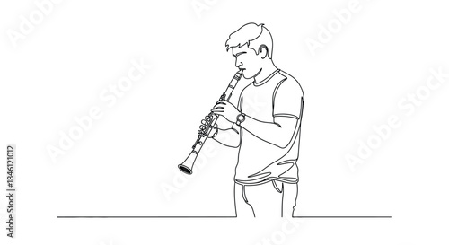 Minimalist continuous line drawing of a young man playing the clarinet with a simple modern aesthetic