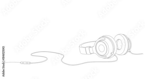 Minimalist line art illustration of modern over ear headphones with a connected cord and inline remote control on a white background